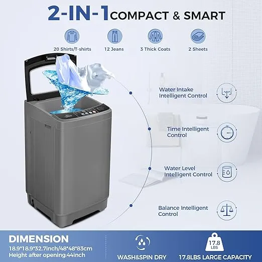 Nictemaw Portable Washing Machine 17.8Lbs Large Capacity 2.4 Cu.ft Portable Washer Machine with 10 Programs and 8 Water Levels Selections Mini Washing Machine for Apartment, Dorms, Rv-Glass Cover