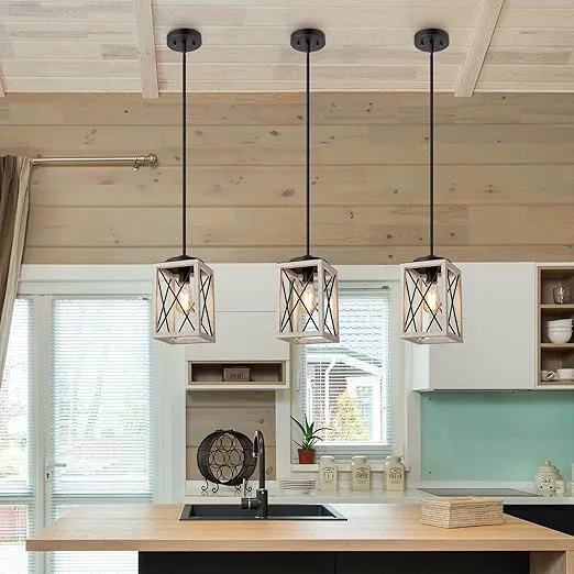 DEWENWILS Pendant Light, Metal Pendant Light Fixtures with Wooden Grain Finish, 48" Adjustable Pipes for Flat and Slop Ceiling, Hanging Ceiling Lamp for Kitchen, Living Room, Bedroom, E26 Base
