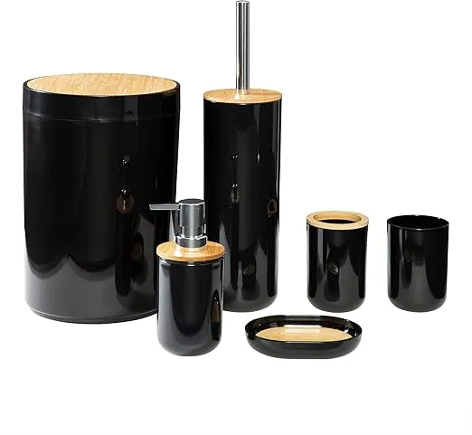 6-Piece Bathroom Accessories Set - Complete Set with Toilet Brush, Waste Bin, Soap Pump, Soap Dish, Toothbrush Holder and Cup by Home-Complete (Black)