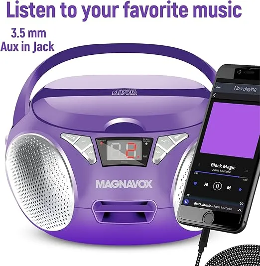 Magnavox MD6924 Portable Top Loading CD Boombox with AM/FM Stereo Radio in Black | CD-R/CD-RW Compatible | LED Display | AUX Port Supported | Programmable CD Player | (Purple)