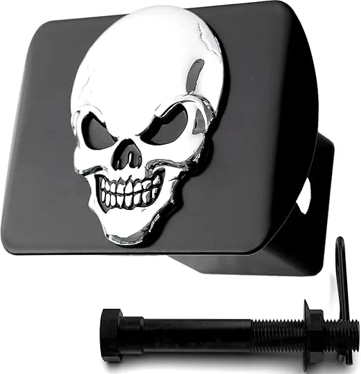 100% Metal Skull 3D Emblem Trailer Hitch Cover Fits 2" Receivers (Chrome on Black)