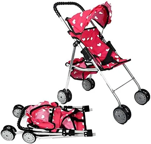 The New York Doll Collection My First Doll Stroller with Basket & Heart Design Foldable Doll Stroller, Pink