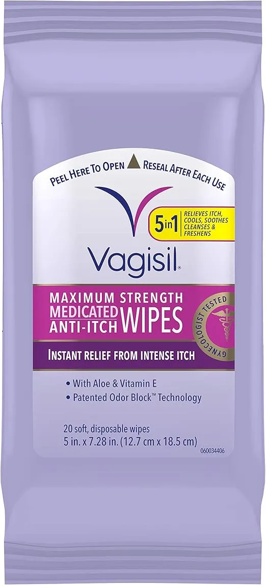 Vagisil Wipes, Anti-Itch Medicated Feminine Vaginal Wipes, Maximum Strength, Instant Relief, 20 Wipes (Pack of 1)