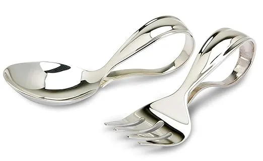 Sterling Silver Bent Curved Baby Feeding Spoon & Fork - Premium Quality Food Grade Standard .925 Solid Sterling Silver Spoon & Fork - Engravable Gift for Baby with a Beautiful Gift Box