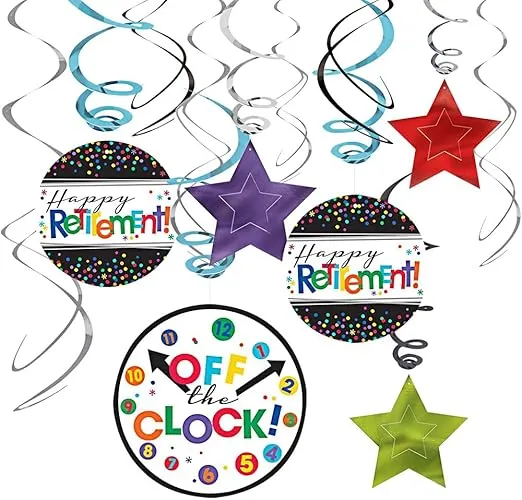 Officially Retired Multicolor Foil Swirl Hanging Decorations - 5" & 7" (Pack of 12) - Unique and Eye-Catching Design, Perfect for Unforgettable Retirement
