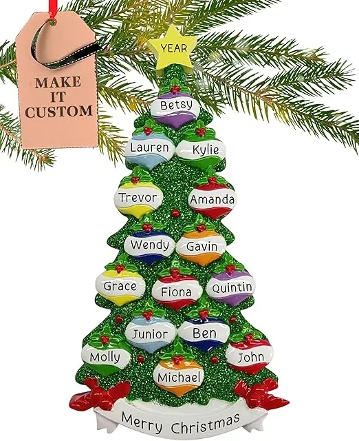 Personalized Family of 15 Christmas Tree Ornament 2024 – Fast & Free 24h Customization – Large Family Ornament for Tree – Custom Gift Wrapped Green Glitter Ornament Keepsake