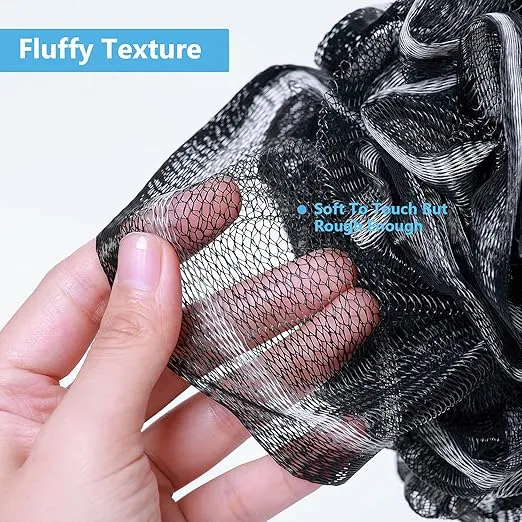 VANZAVANZU Bath Loofah Large 80g Shower Sponge Body Scrubber Mesh Pouf for Men and Women, Set of 4 (Black with White)