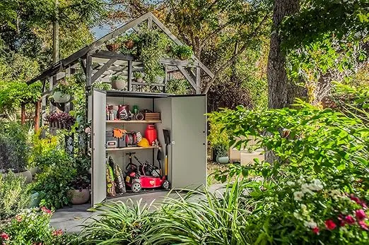 Keter Premier Tall 4.6 x 5.6 ft. Resin Outdoor Storage Shed with Shelving Brackets for Patio Furniture, Pool Accessories, and Bikes, Grey & Black