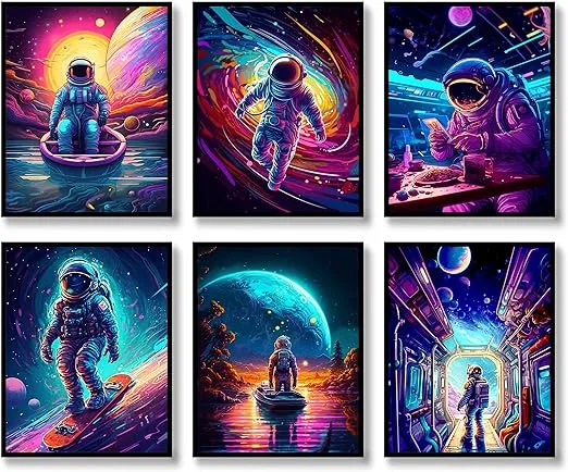 Spaceman Wall Art Prints Set of 6 Funny Astronaut Posters Modern Universe Illustration Wall Decor Explore Dream Discover Inspirational Photo Picture Canvas Fashion Art Painting for Bedroom Living Room