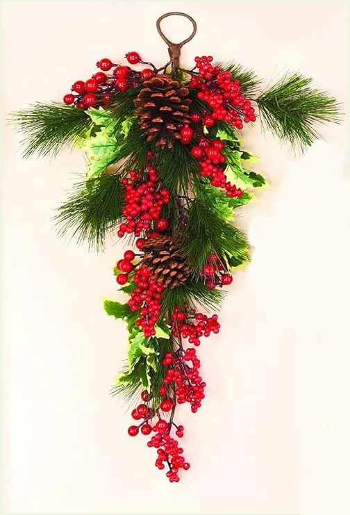 Worth Imports Artificial Waterproof Decorative Holly Pine Berry Christmasd Teardrop Swag, 28"