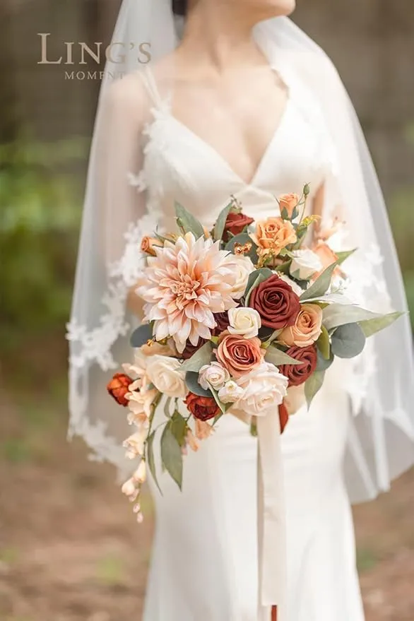 Ling's Moment Terracotta Bridal Bouquet Cascading, Orange Wedding Bouquets for Bride, 13 Inch Bride Bouquets for Wedding Artificial Flowers Bouquets