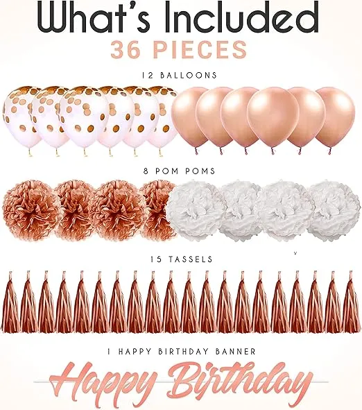 EpiqueOne 36-Piece Rose Gold Birthday Kit | Includes Happy Birthday Banner, Rose Gold Balloons, Tissue Pom Poms & Tassels | Easy to Set Up | Also Ideal for Bridal and Baby Showers & More