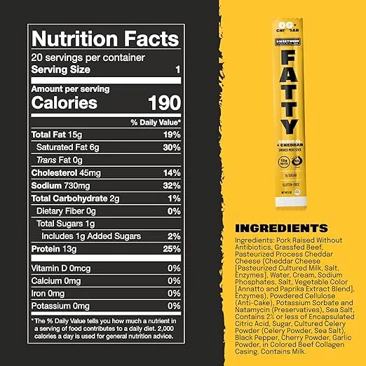 FATTY Meat Sticks, Grass-Fed Beef, High Protein Snack, Low Carb, Gluten Free, MSG Free, Nitrate Free, Original & Cheddar Flavor, 2 Ounce (Pack of 20)