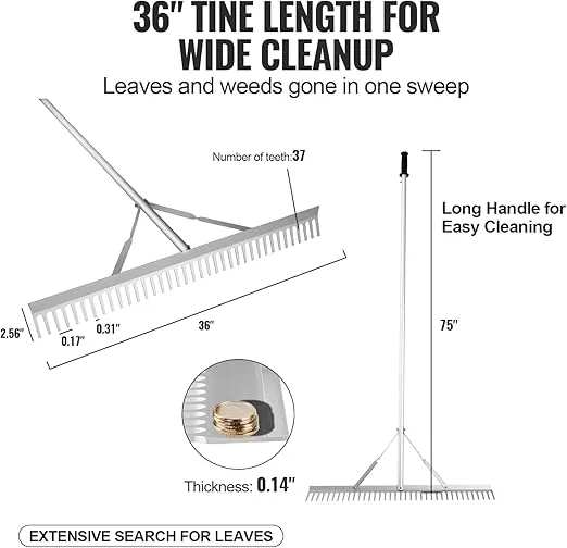 VEVOR Landscape Rake, 36" Head Aluminum Landscape Rake, Lake Weed Rake with 75" Long Handle, for Loosening Soil, Lawn Care, Weeding Lake, Garden