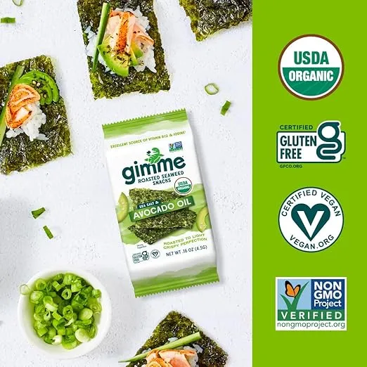 Gimme Seaweed - Sea Salt & Avocado Oil - 20 Count - Organic Roasted Seaweed Sheets - Keto, Vegan, Gluten Free - Great Source of Iodine & Omega 3’s - Healthy On-The-Go Snack for Kids & Adults