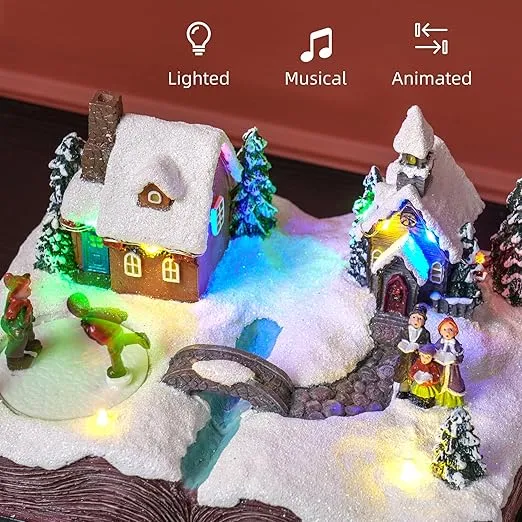 HOMCOM Christmas Village on an Open Bible with LED Lights and Music, Lighted Musical Christmas Village Houses with Rotating Ice Skaters, Battery Operated