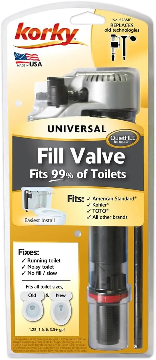 Korky 528MP QuietFILL Platinum Fill Valve-Fits Most Toilets-Easy to Install-Made in USA, Universal 99%, Black