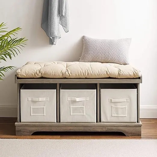 Walker Edison Modern Farmhouse Entryway Shoe Storage Bench Totes Upholstered Cushion Hallway Organizer, 42 Inch, Grey Wash