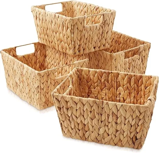 Casafield Set of 4 Water Hyacinth Storage Baskets with Handles - Natural, Woven Rectangular Storage Bins for Shelves, Blankets, Laundry Organization