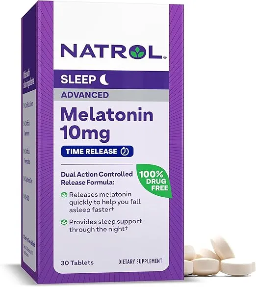 Natrol Melatonin Advanced Sleep Tablets with Vitamin B6, Helps You Fall Asleep Faster, Stay Asleep Longer, 2-Layer Controlled Release, 100% Drug-Free, Maximum Strength, 10mg, 30 Count