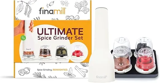 FinaMill’s Award-Winning Ultimate Spice Grinder Set – Adjustable Coarseness, Ceramic Grinding Elements, LED Light, 4 Quick-Change Pods, a Stackable Tray (Rechargeable, Soft Cream)