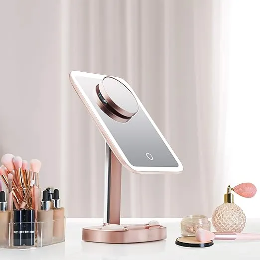 Fancii LED Makeup Vanity Mirror with 3 Light Setting and 15x Magnifying Mirror - Choose Between Soft Warm, Natural Daylight, or Neutral White Lights - Dimmable Cosmetic Mirror (Rose Gold)