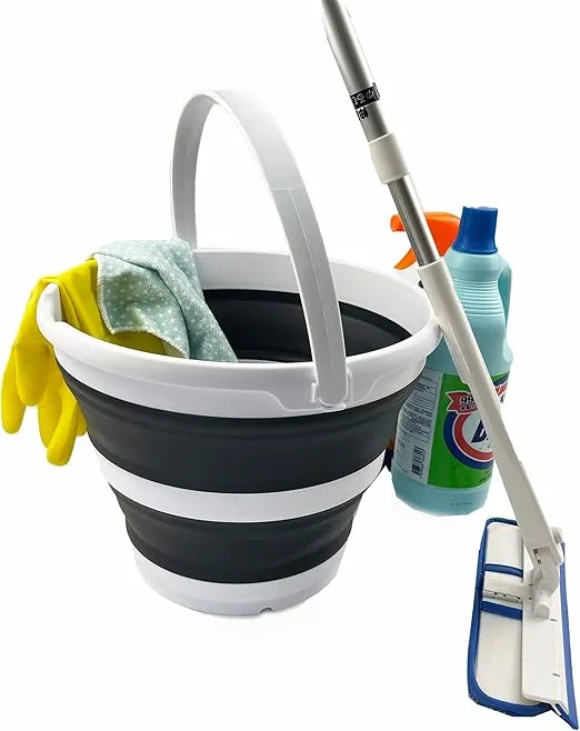 SAMMART 10L Set of 2 Collapsible Plastic Bucket - Foldable Round Tub - Portable Fishing Water Pail - Space Saving Outdoor Waterpot, Size 33cm Dia (Grey) (White/Charcoal Black)