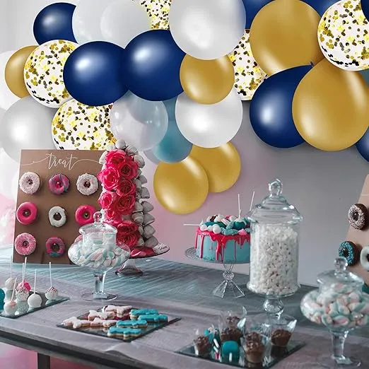 60PCS Navy Blue and Gold Confetti Balloons, Premium 12inch Pearl White and Gold Metallic Chrome Birthday Party Balloons, Balloons Bulk for Bridal Shower, Graduation Party Decoration