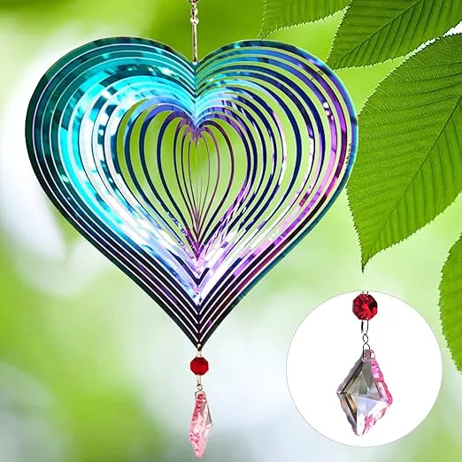 Wind Spinner Outdoor Metal 3D Wind Spinner Hanging Yard Garden Decor Gifts Stainless Steel Heart Pattern Spinners with 360° Rotating Hook