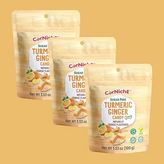 CORNICHE Sugar Free, Turmeric Ginger Candy Chewy Naturally Flavored, Ginger Sugar Free, Individually Wrapped Candy, NON-GMO, Low Calories, Vegan, Gluten Free (Pack of 3, Orange)