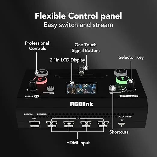 RGBlink Mini Video Mixer Switcher with 4 x HDMI Inputs 2K Input/Output Real Time Live Streaming, Support Output 6 Pictures PVW and PGM, for Facebook, YouTube, Instagram, Tiktok, RTMPS