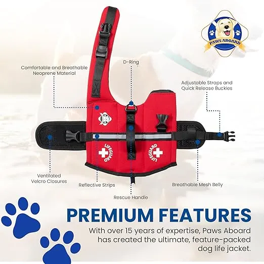 Paws Aboard Dog Life Jacket - Keep Your Canine Safe with a Neoprene Life Vest - Designer Life Jackets - Perfect for Swimming and Boating - Red, XX-Small