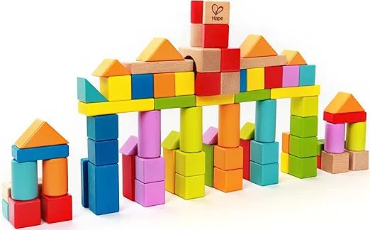 Hape 80 PCs Wooden Building Block Set with Cotton Storage Bag| Alphabet & Numbers Building Blocks Set for Toddlers 1Y+