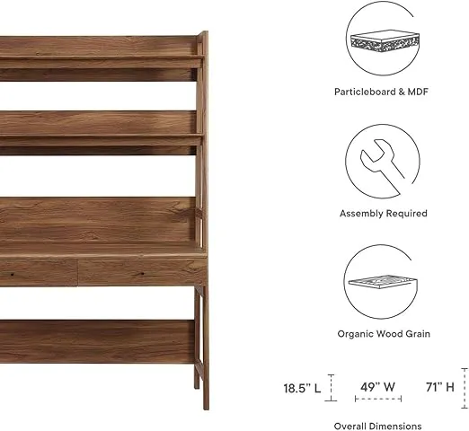 Modway Bixby Home Office Desk with Bookshelf in Walnut