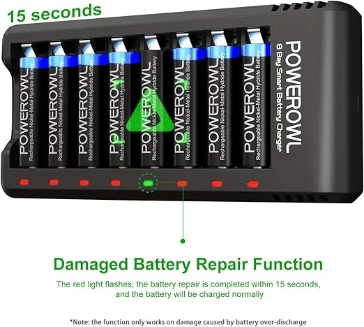 POWEROWL 8 Bay AA AAA Battery Charger, USB High-Speed Charging, Independent Slot, for Ni-MH Ni-CD Rechargeable Batteries, No Adapter