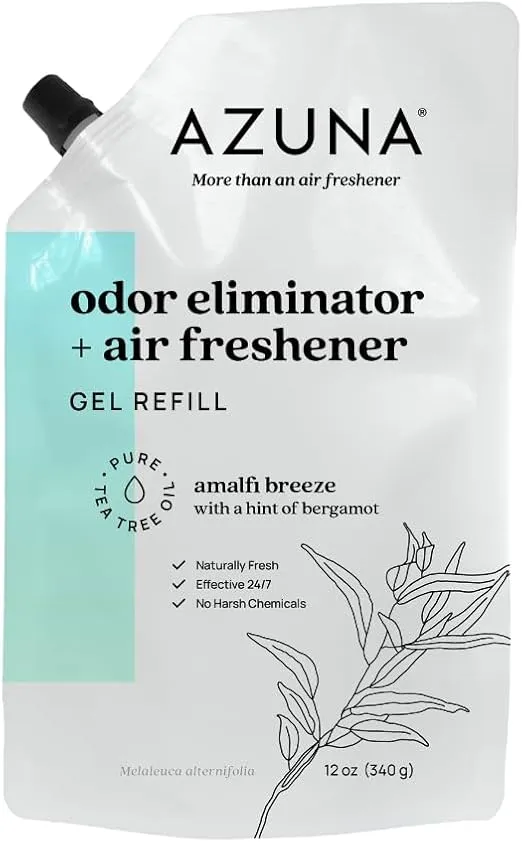 Azuna All-Natural Odor Remover Gel Refill Pouch | Air Purifier with Tea Tree Oil | Plant-Based & Long Lasting | For Pet Odors, Smoke & Strong Odors | Amalfi Breeze, 12 oz.