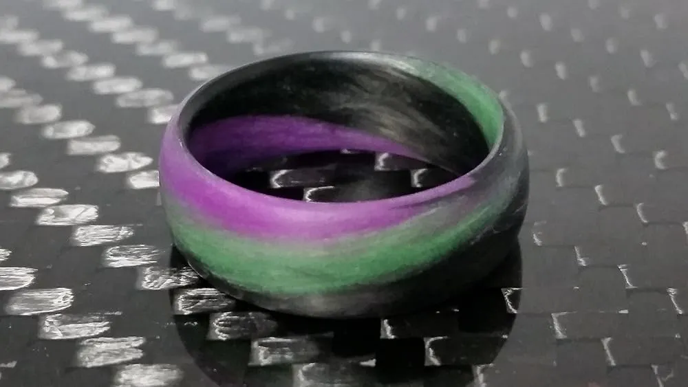 Handmade Ring Band - Carbon Fiber Green, Purple, and Black Marbled Glow Ring, Matte or High Gloss Finish, Glow-in-the-Glow, Durable, Waterproof, Sizes 4-16, Custom Band Widths