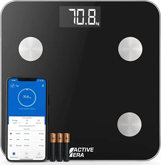 Active Era Digital Bathroom Bluetooth Scales Weight and Body Fat - Fit Track Scale Calculates BMI, Body Fat Percentage, Muscle Mass - Apple Health, Google Fit & Fitbit Compatibility (Black)