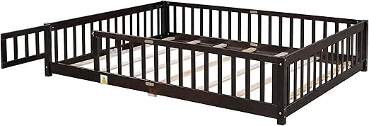 Dolonm Queen Size Montessori Bed, Toddler Floor Bed for Kids, Floor Platform Bed with Fence Guardrails and Door, Montessori Floor Bed Frame, Wooden Floor Bed Toddler, Espresso