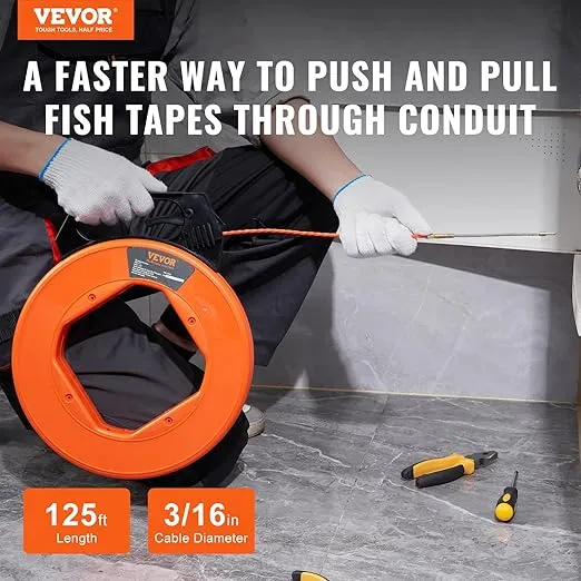 VEVOR Fish Tape, Non-Conductive, Easy-to-Use Cable Puller Tool with Optimized Housing and Handle for Flexible Wire Fishing in Walls and Electrical Conduit, 3/16-inch PET Fish Tape