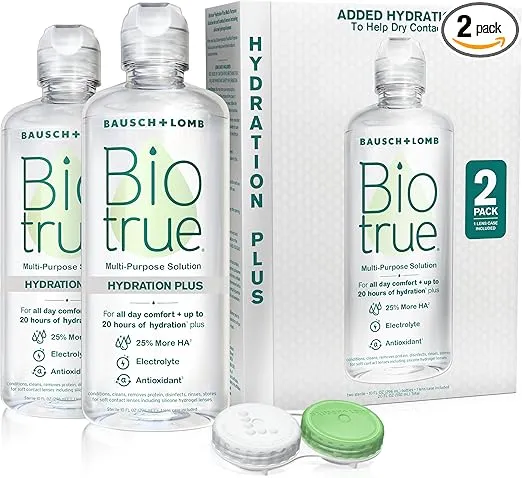 Biotrue Hydration Plus Contact Lens Solution, Multi-Purpose Solution for Soft Contact Lenses, Lens Case Included, 10 FL OZ (Pack of 2)