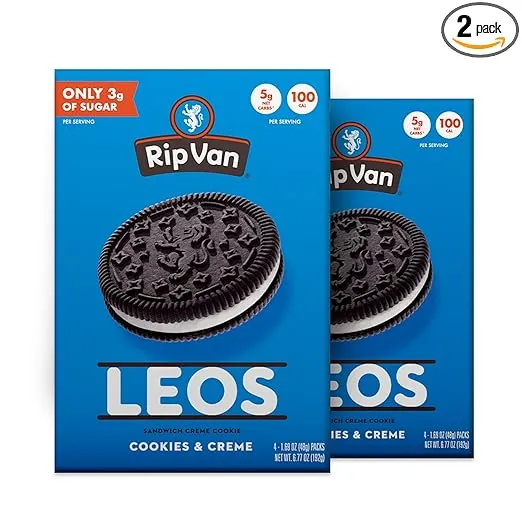 Rip Van LEOs - Cookies and Cream Sandwich Cookies - Low Sugar & Low Carb Snack - Diabetic & Vegan Snacks - 32 Cookies (2 x 6.77oz packs)