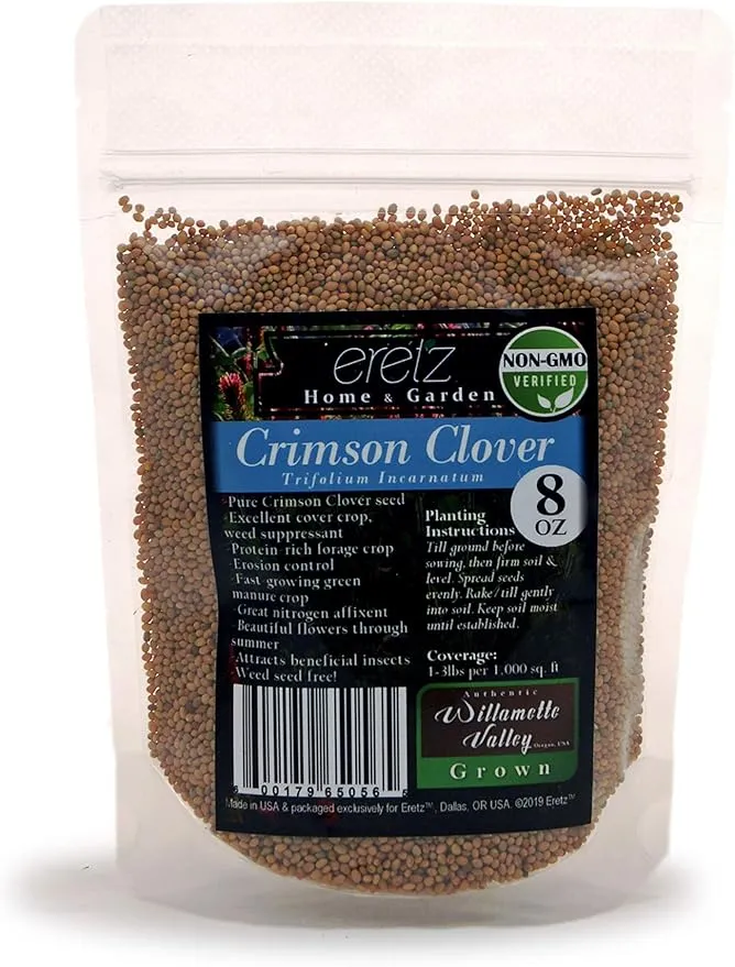 Crimson Clover Seed by Eretz (8oz) - Choose Size! Premium Willamette Valley, Oregon Grown Non-GMO Seed, No Coating, No Fillers, No Treatment.