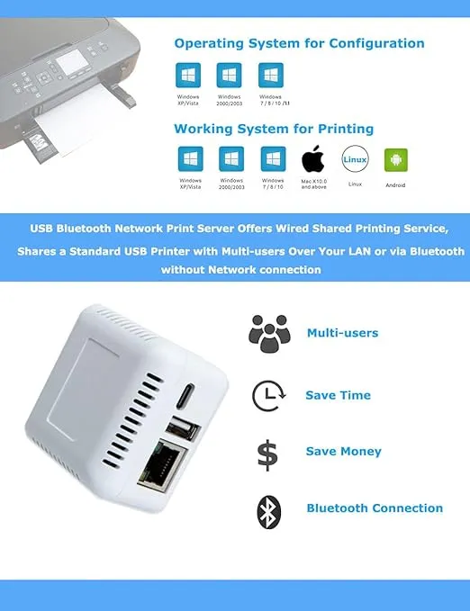 Network Blue TH Printer Adapter USB Print Server Without WiFi