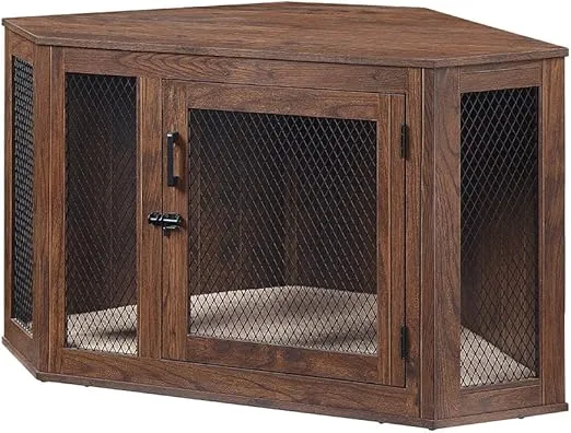 unipaws Furniture Style Corner Dog Crate for Small Medium Dogs, Indoor Aesthetic Puppy Kennel TV Stand, Modern Decorative Wood Pet House Dog Cage, Pretty Cute End Side Table Nightstand, Walnut