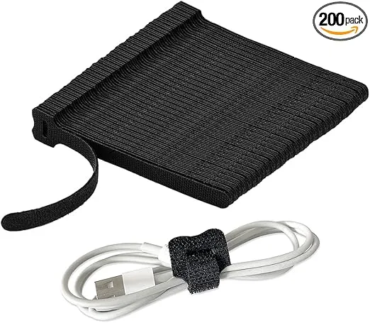 Maxxima 6 Inch Reusable Black Cable Ties - Multipurpose Cinch Strap, Fastening Hook and Loop Adjustable Cord Wrap, Organize Cable Bundles in Home, Office and Data Centers - 200 Pack