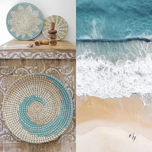 Wall Basket Decor Boho Set of 4 - Hanging Woven Wall Baskets - Wicker Wall Décor - Handmade Woven Wall Baskets - Wicker Basket Wall Art - Natural Seagrass - Coastal Decor for Home, 14x14
