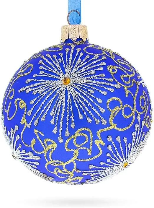 Sparkling Jeweled Snowflakes on Blue Blown Glass Ball Christmas Ornament 3.25 Inches