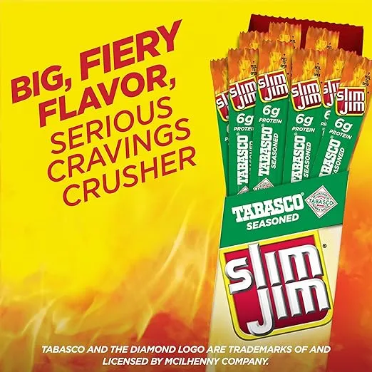 Slim Jim Giant Smoked Meat Sticks, Tabasco Flavor, 6g Protein Per Stick, Great Stocking Stuffer, 0.97 oz. (24 Count)