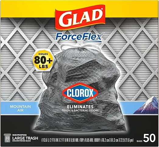 Glad Large Trash Bags, ForceFlex with Clorox, 30 Gal, Mountain Air, 50 Ct (Package May Vary)